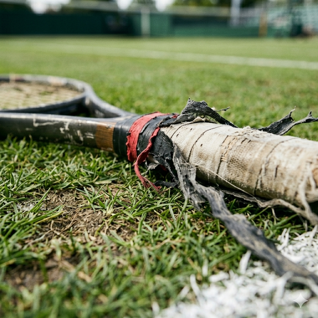 Worn, frayed tennis racket grip lying on grass